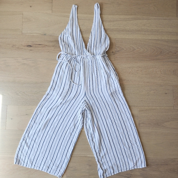 L-Space Austin Jumsuit in White with Vertical Blue Stripe - Picture 3 of 11